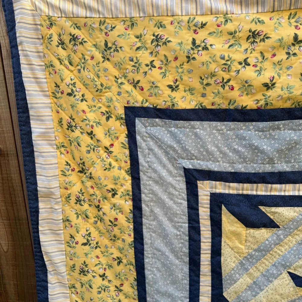 Handmade Star Patchwork Quilt Blue Yellow Floral Granny cottage blanket 84x84